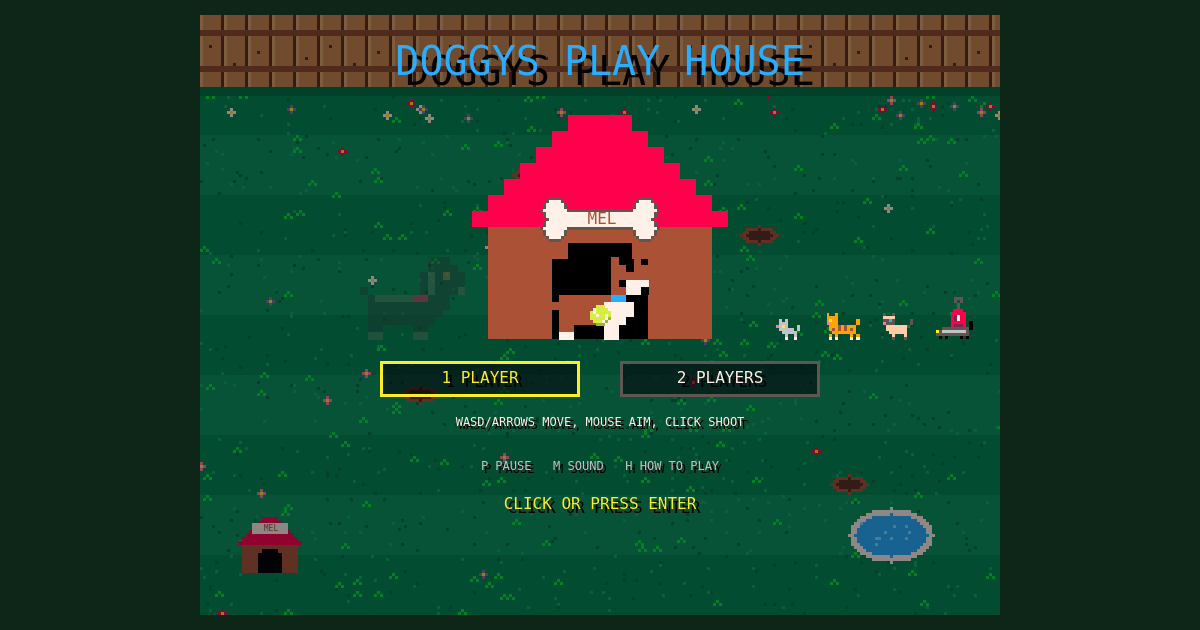 Doggys Play House title screen with Mel in a red doghouse