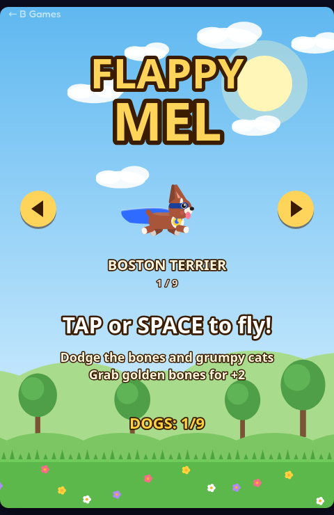 Mel flying in a blue cape on the Flappy Mel title screen