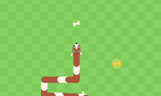 Mel as a long brown-and-white snake chasing bones across the grass